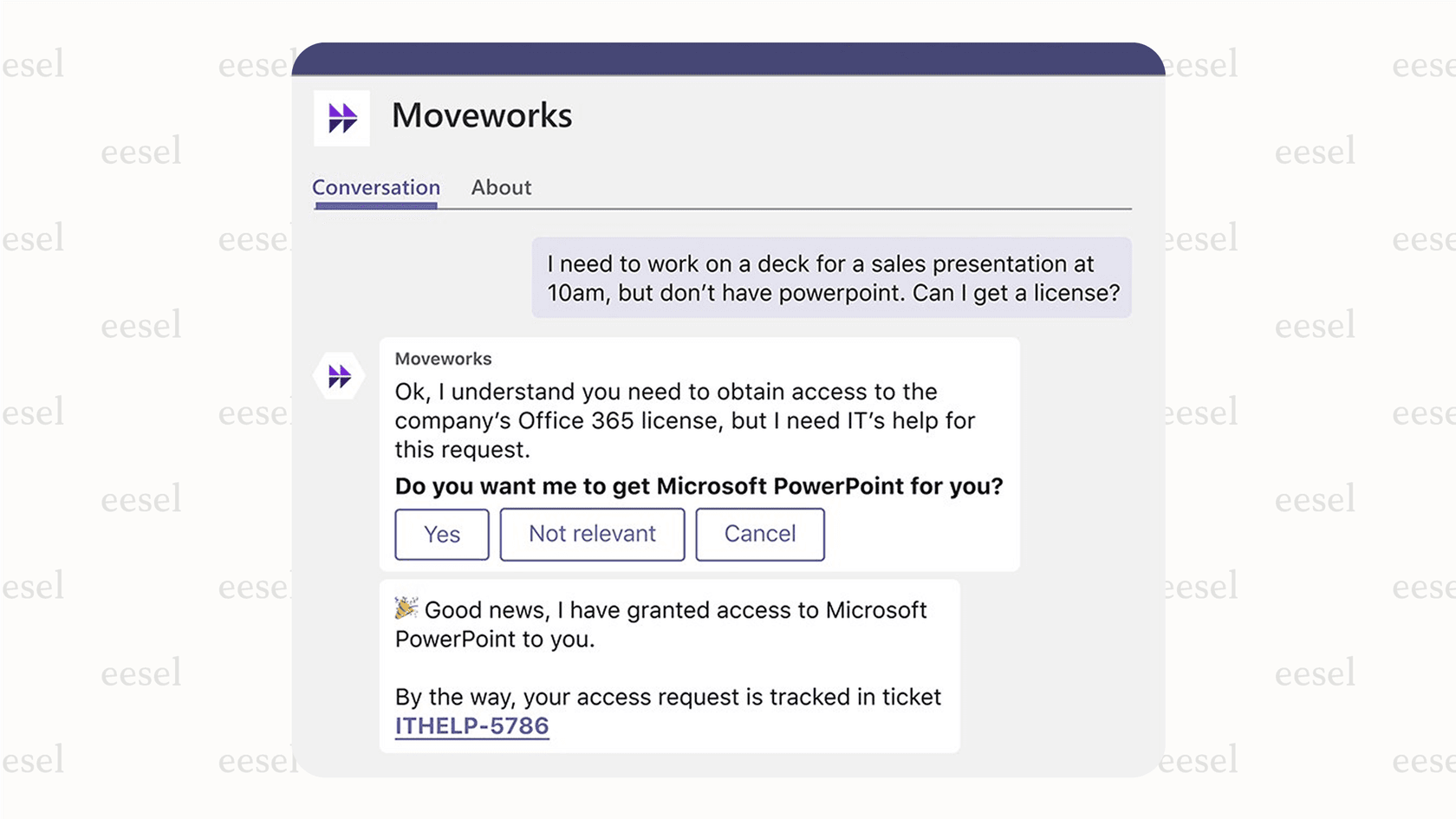 A screenshot of the Moveworks chatbot in Microsoft Teams, an example of conversational AI for IT service management handling a software access request.