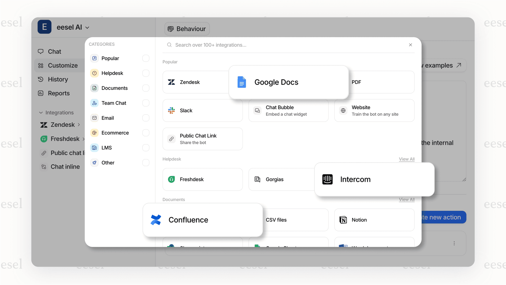 A screenshot of the eesel AI integrations library, showing logos of tools like Confluence, Notion, Google Docs, and Zendesk to improve the AI resolution rate.