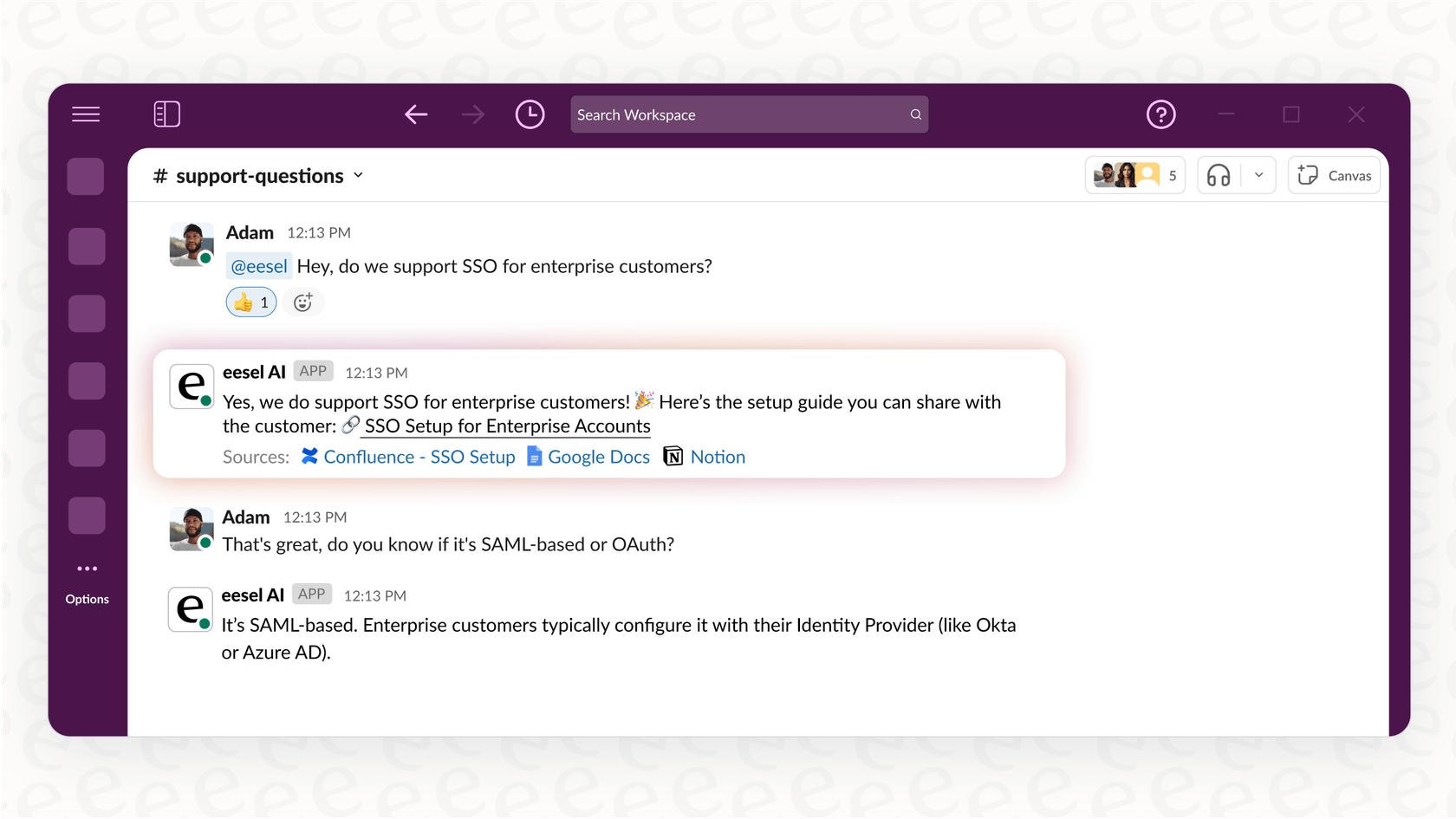 A screenshot showing the eesel AI agent instantly answering an employee's question directly within a Slack thread, showcasing a true two-way Zendesk Slack integration.