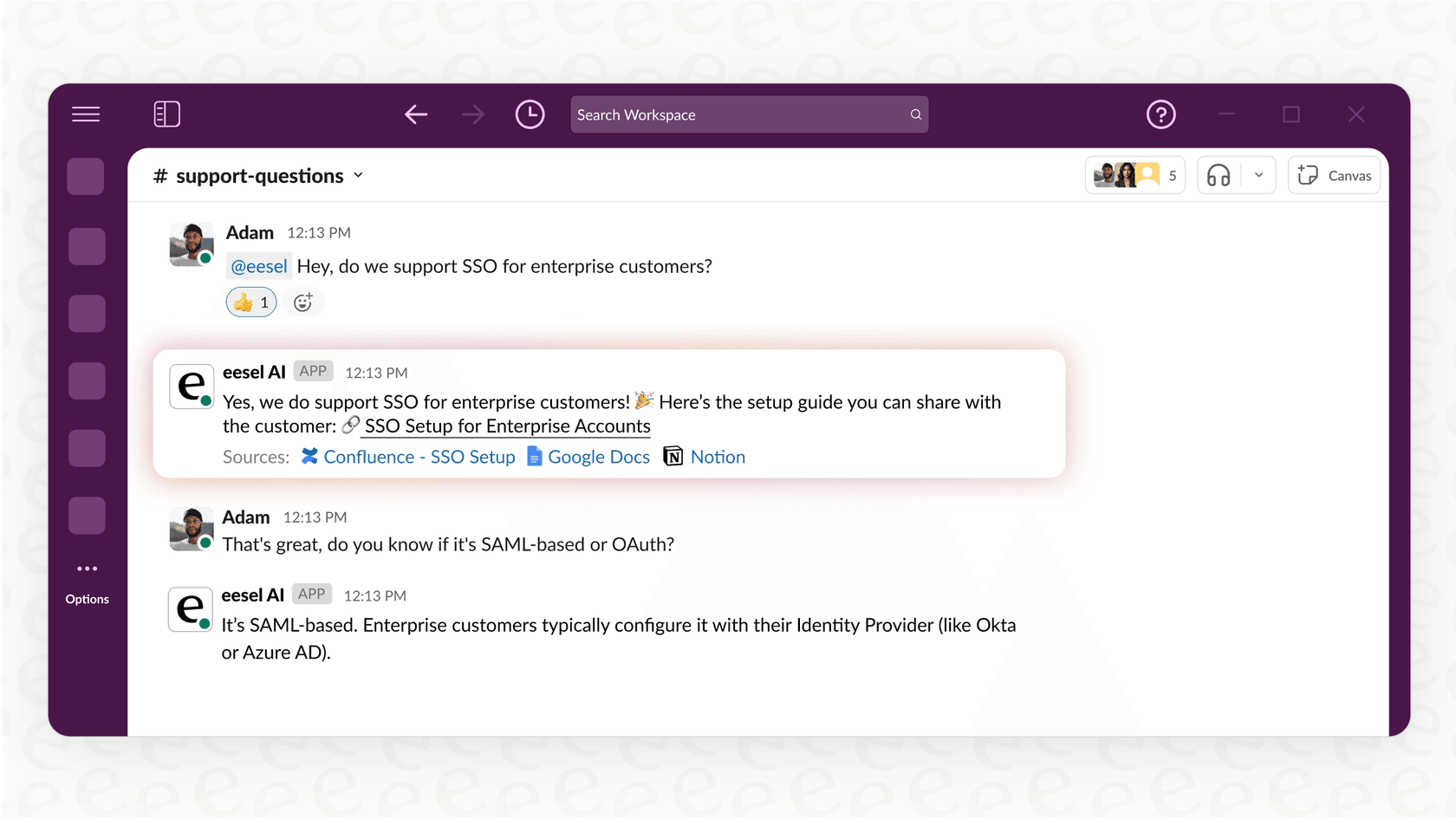 A screenshot showing the eesel AI bot answering a question directly within a Slack channel, demonstrating one of the powerful integrations available with Discord alternatives.::