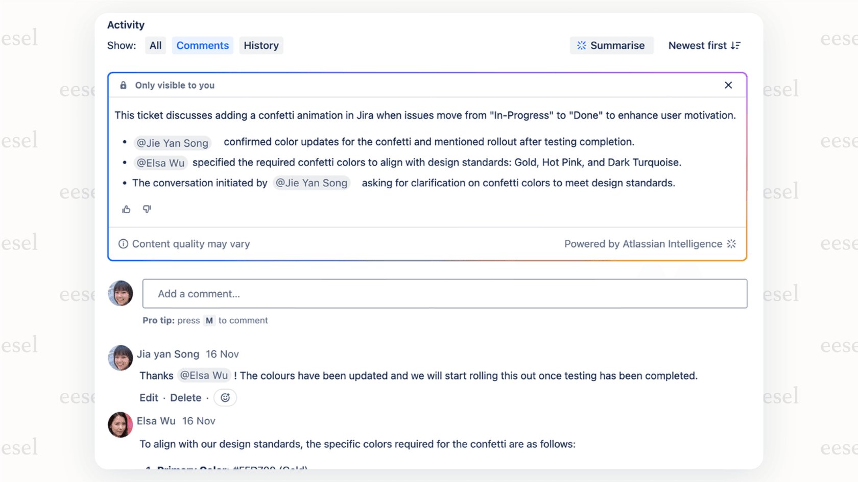 A screenshot showing Atlassian Intelligence summarizing a complex ticket, a key feature of AI for IT service management within the Jira ecosystem.