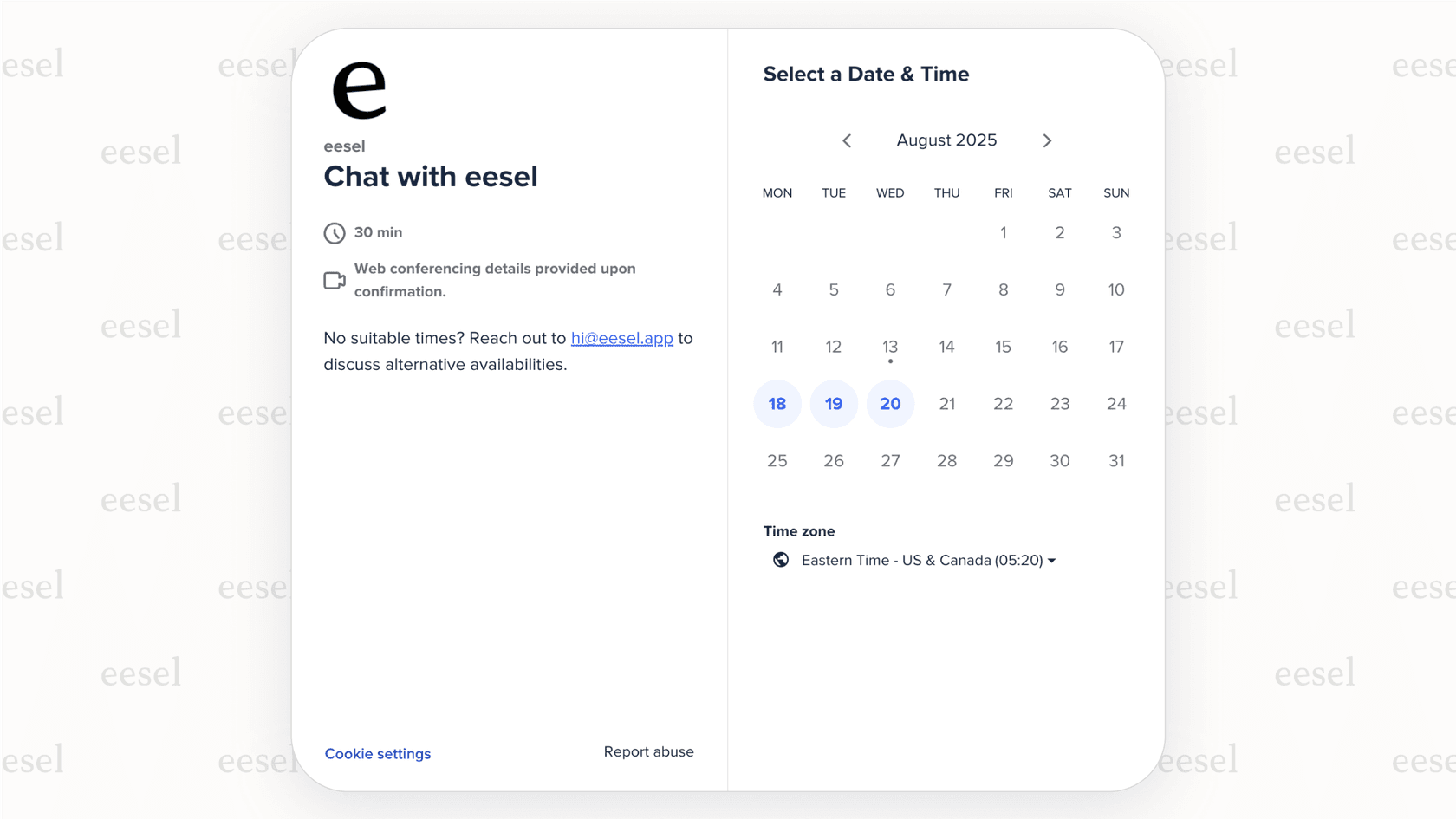 eesel AI's public booking page from the Calendly AI scheduling assistant.