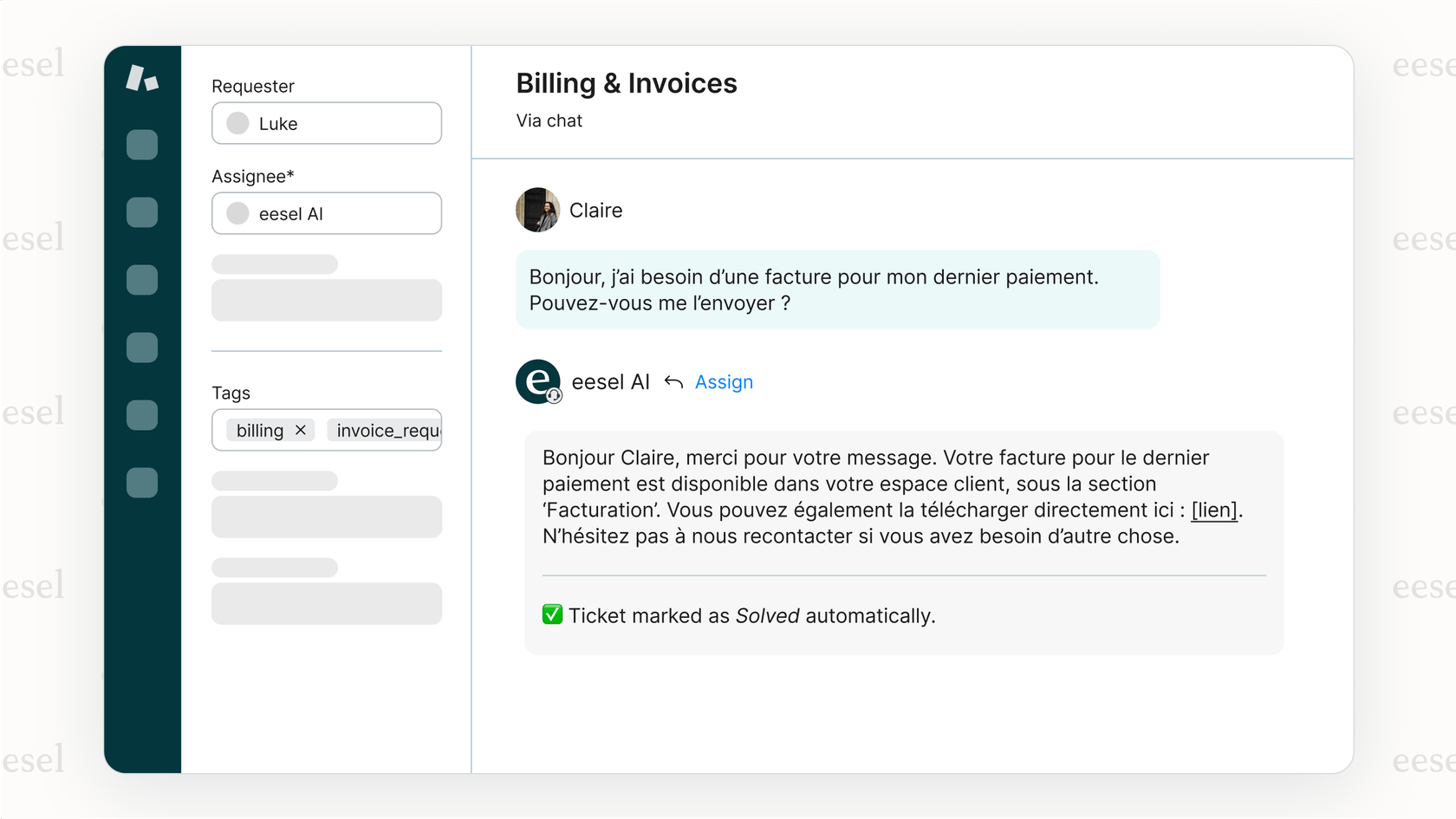 A screenshot showing an AI agent resolving a customer ticket automatically, demonstrating the power of Multilingual support AI.