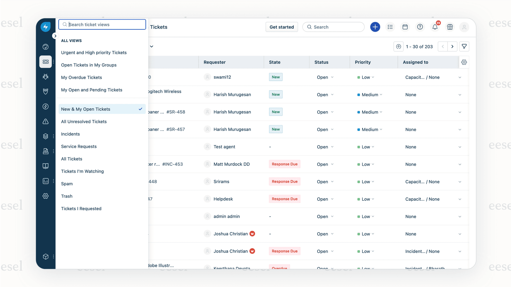A screenshot of the Freshdesk interface, a popular front alternative, displaying a unified view of customer tickets from email, chat, and social media channels.