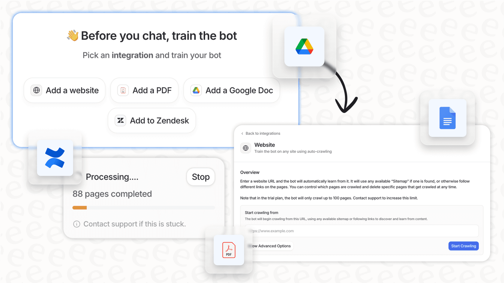 A view of the eesel AI platform connecting to different internal and external knowledge bases, a key feature of the best AI customer support agents.