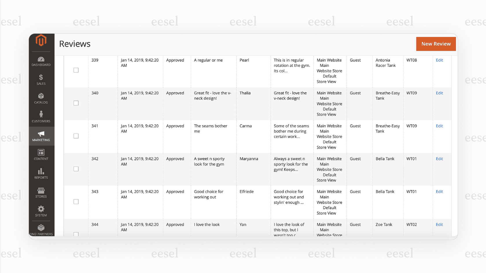 A screenshot for a Magento review that shows the customer reviews moderation page in the Magento backend, with options to approve, edit, or delete pending reviews.