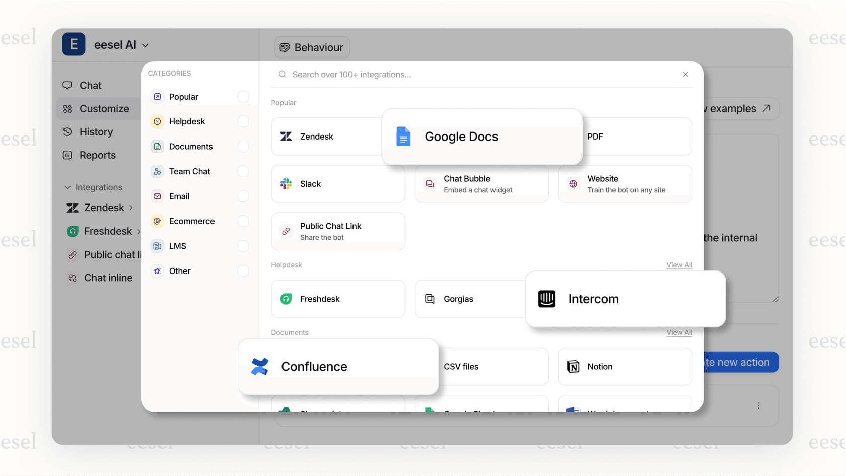 A screenshot of the eesel AI dashboard displaying one-click integrations for various helpdesks, illustrating an easy setup compared to the complex Ultimate Zendesk integration process.