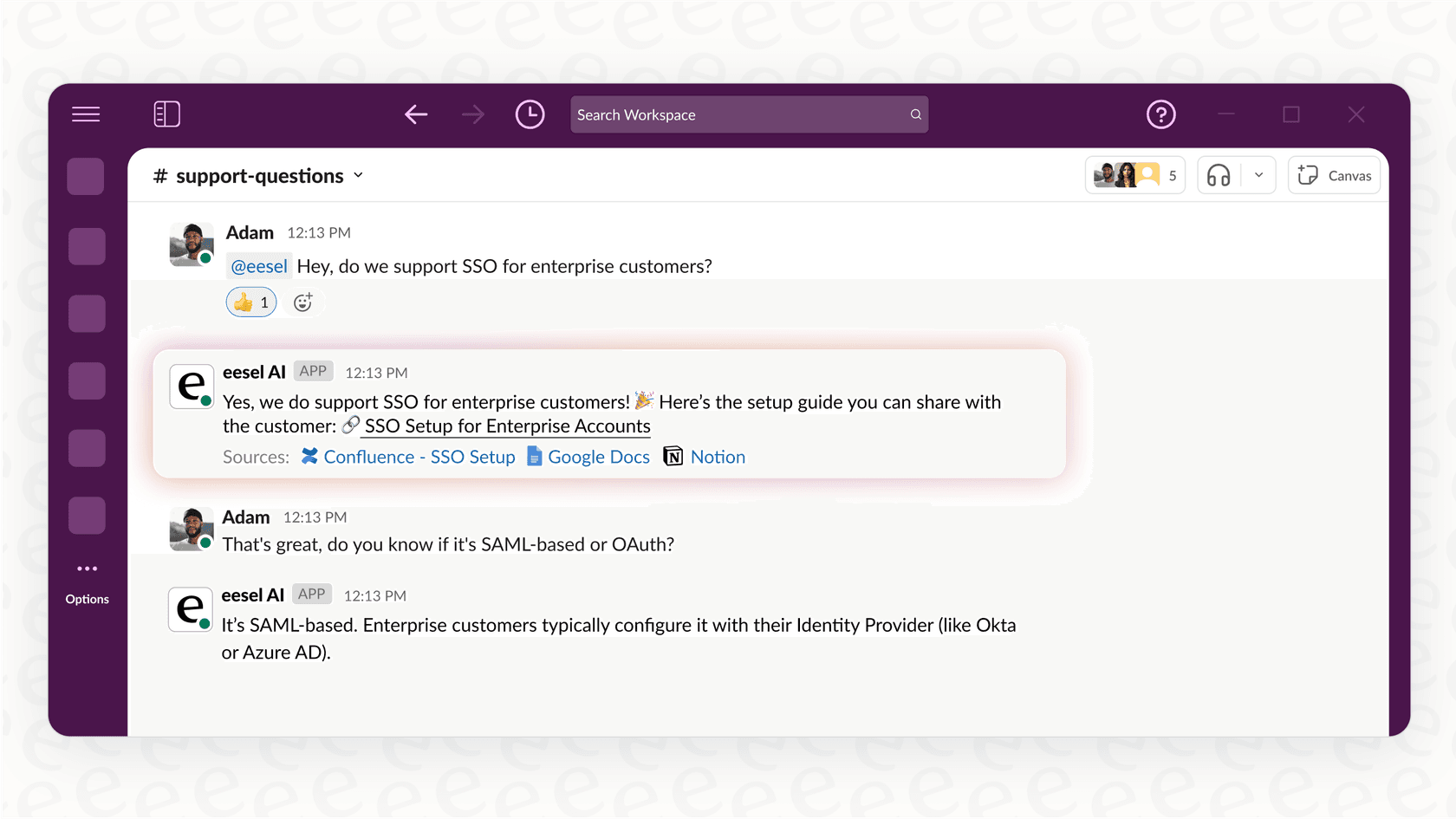A screenshot showing the eesel AI chatbot in Slack answering a team member