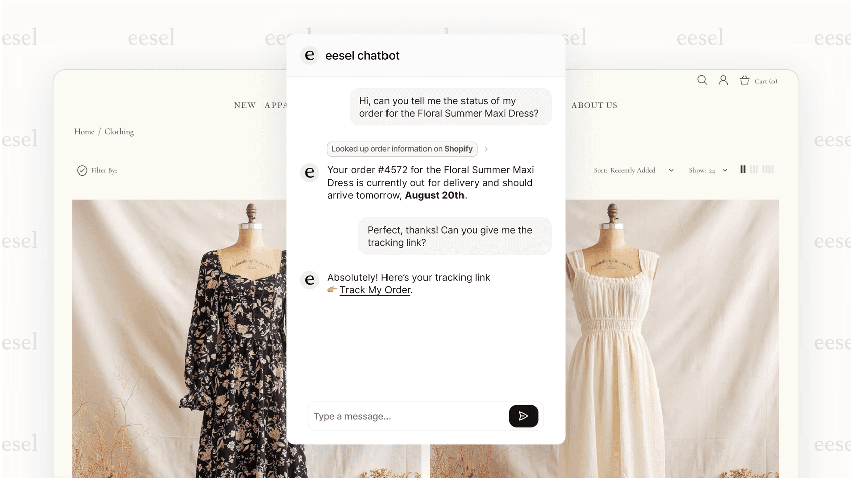 An eesel AI chatbot automatically answers "Where is my order?", a key solution mentioned in this Shopify review for scaling support.