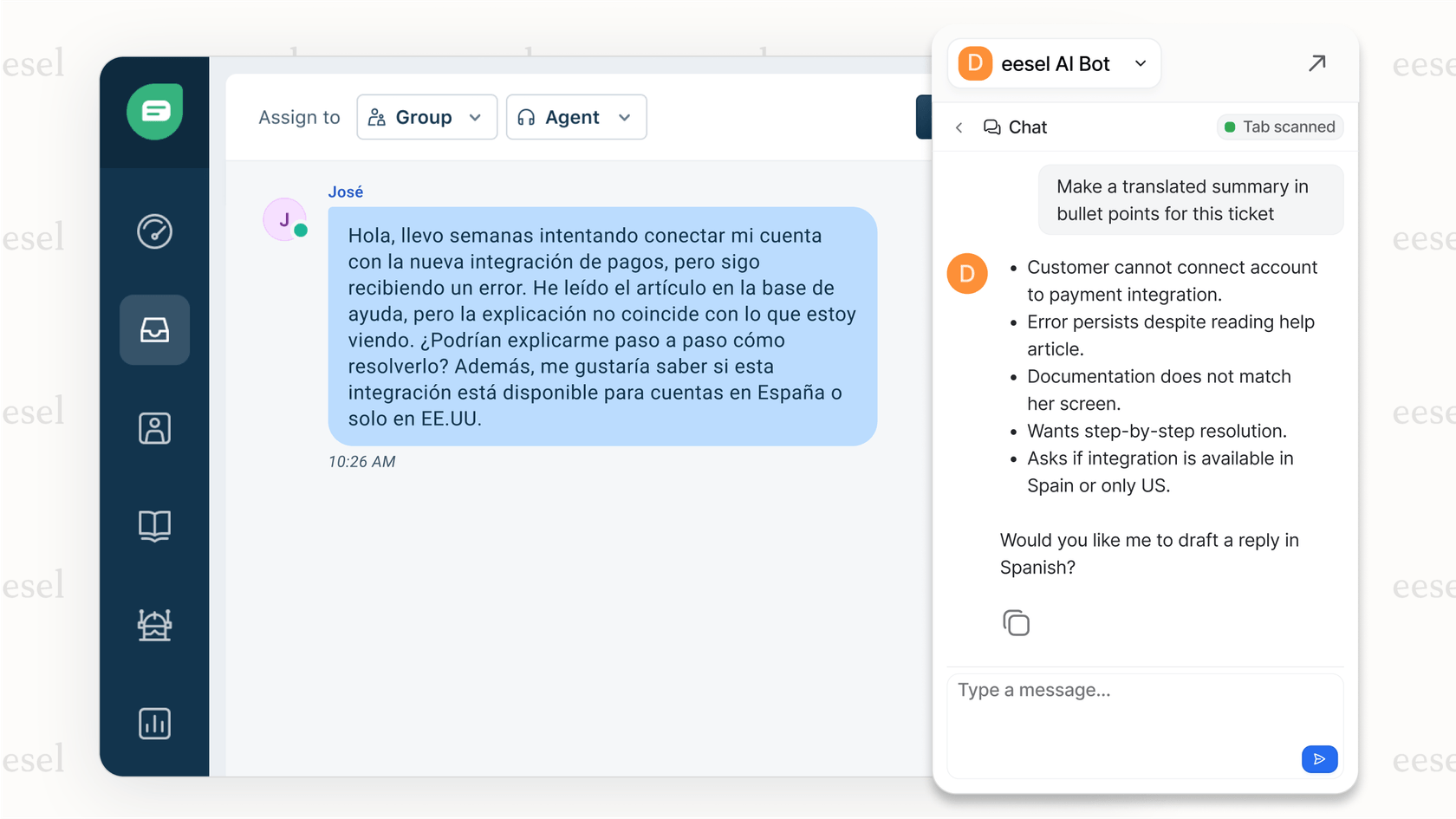 A screenshot of an AI Copilot assisting a human agent with a customer conversation, a key feature of Multilingual support AI.