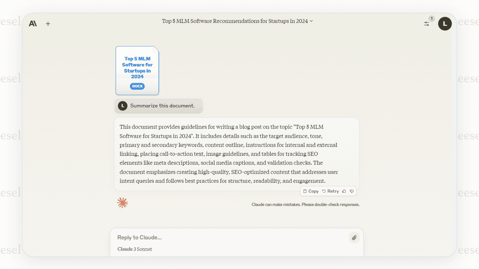 Claude summarizing a document.