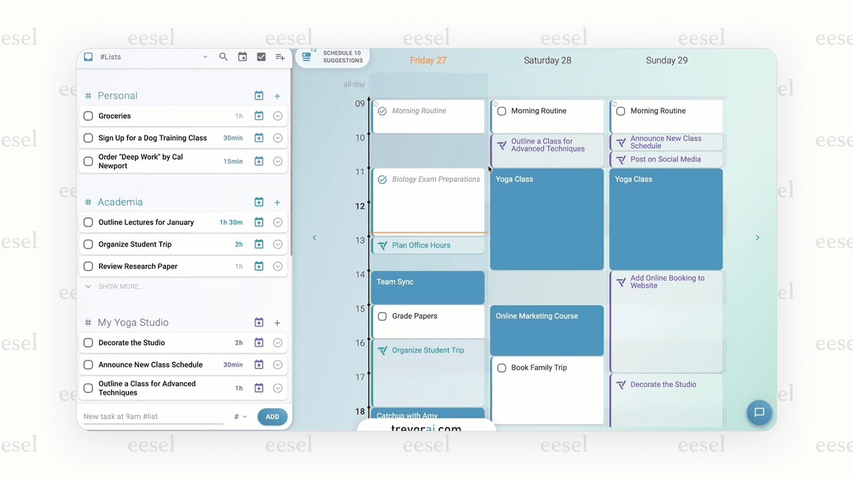The Trevor AI scheduling assistant interface showing its drag-and-drop feature.