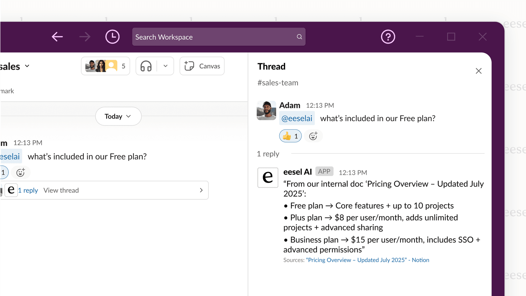 A Slack conversation where a teammate asks about the company’s pricing, and eesel AI instantly responds with details from an internal “Pricing Overview” doc.