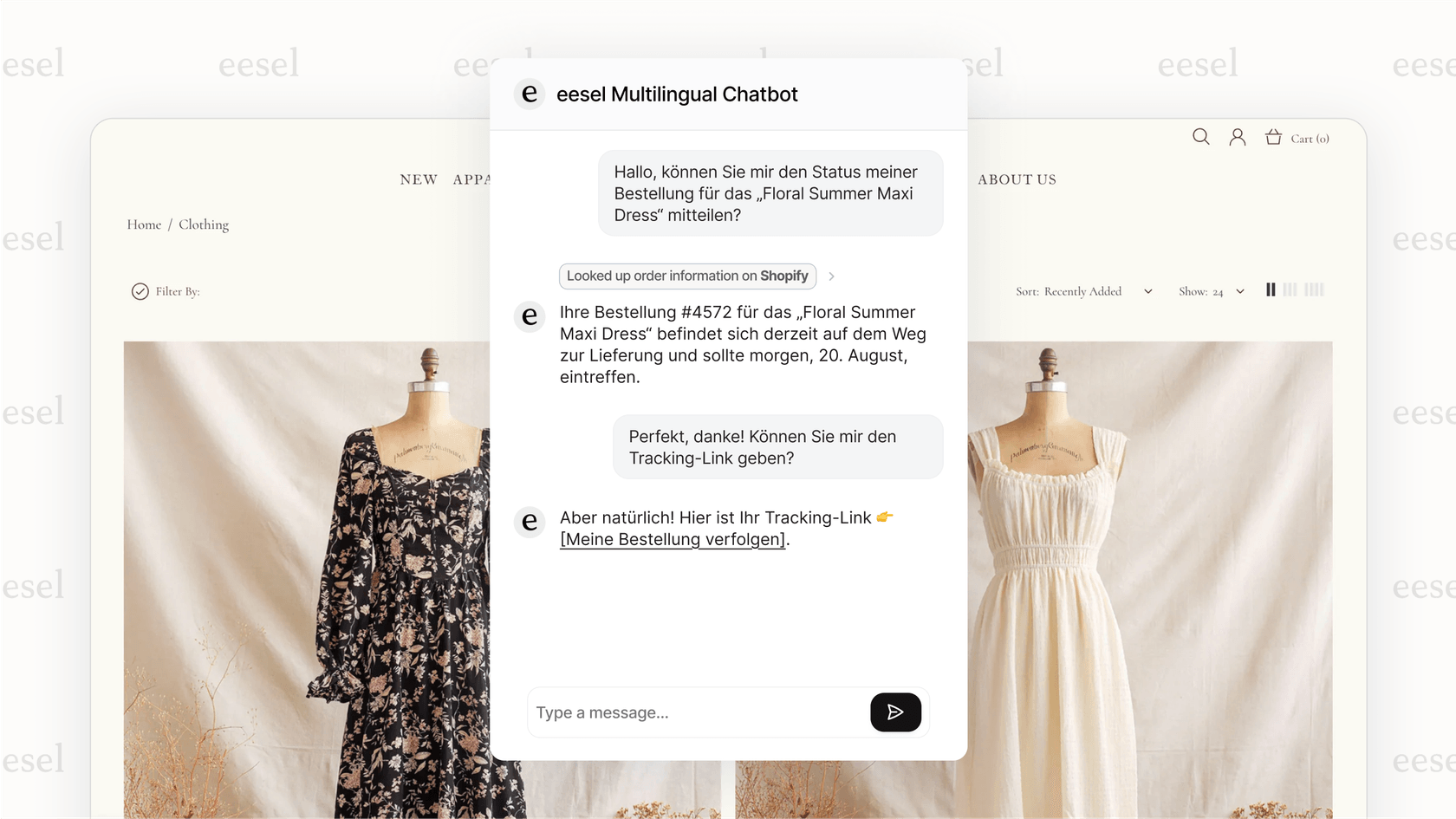 A screenshot of a website chatbot providing instant self-service help to a customer in German, an application of Multilingual support AI.