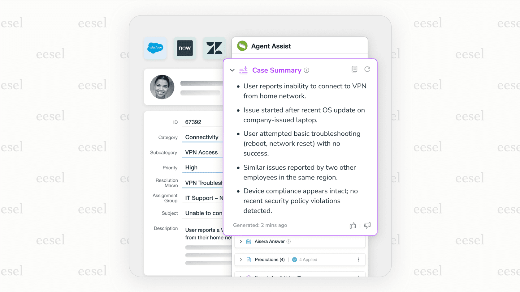 A screenshot of the Aisera AI for service desk interface showing a detailed, AI-generated summary of a support ticket, highlighting the user