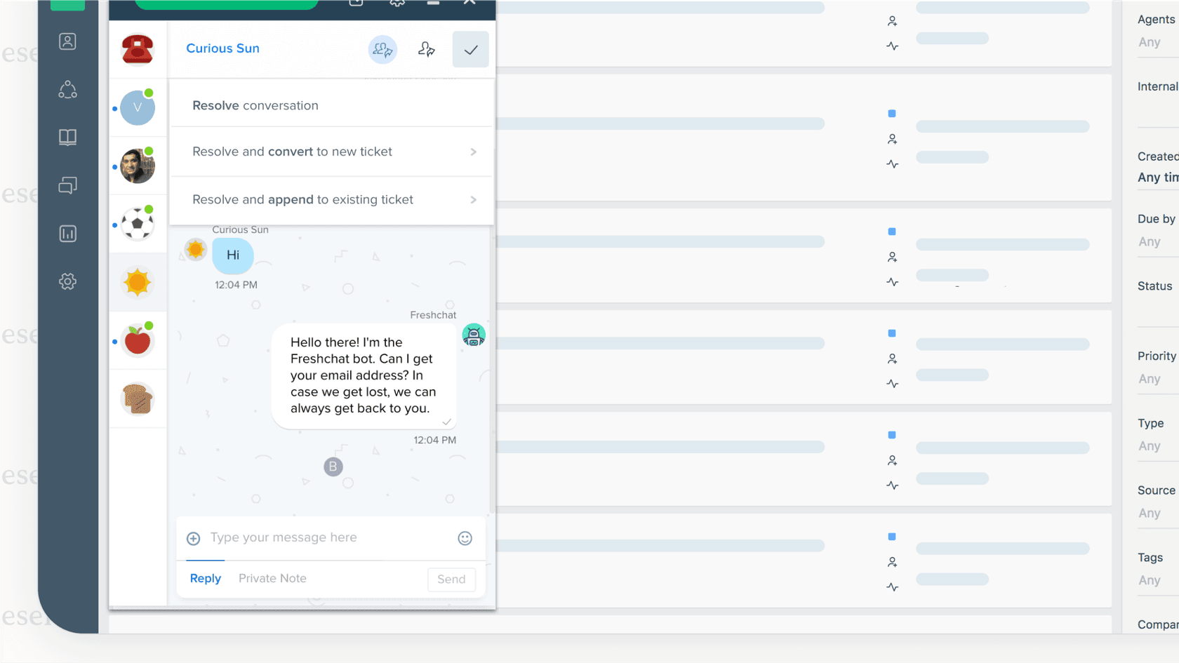 A view of the Freddy AI chatbot builder within the Freshdesk live chat interface.
