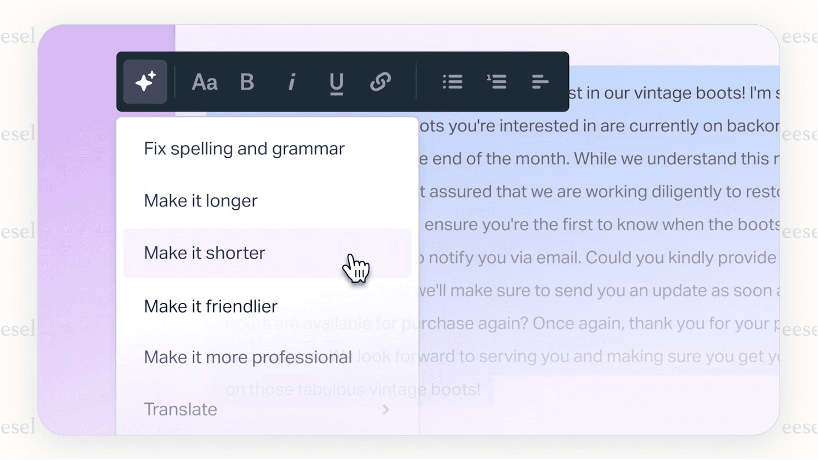 A screenshot of the Help Scout interface showcasing its AI Summarize tool, which is a useful feature for anyone considering it as the best AI service desk for their team.
