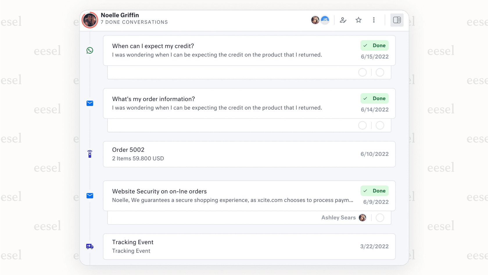 A screenshot of the Kustomer platform, a CRM-centric front alternative, showing a single chronological timeline of a customer