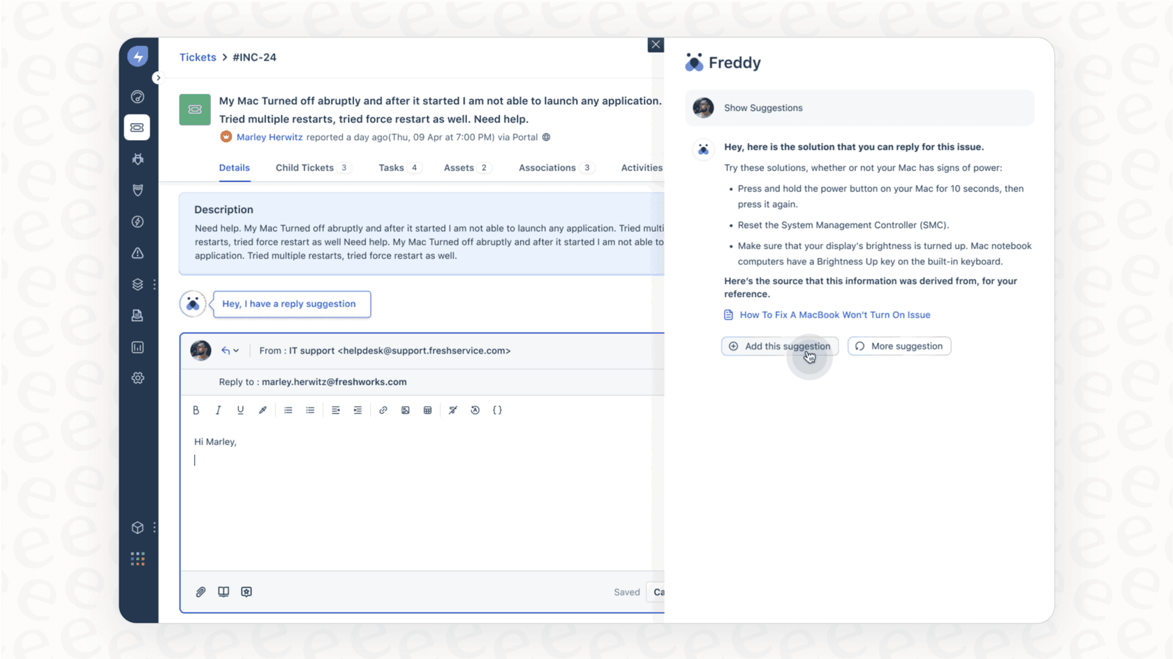 A view of the Freshdesk automated ticketing system showing the Freddy AI assistant providing suggestions for a support ticket.