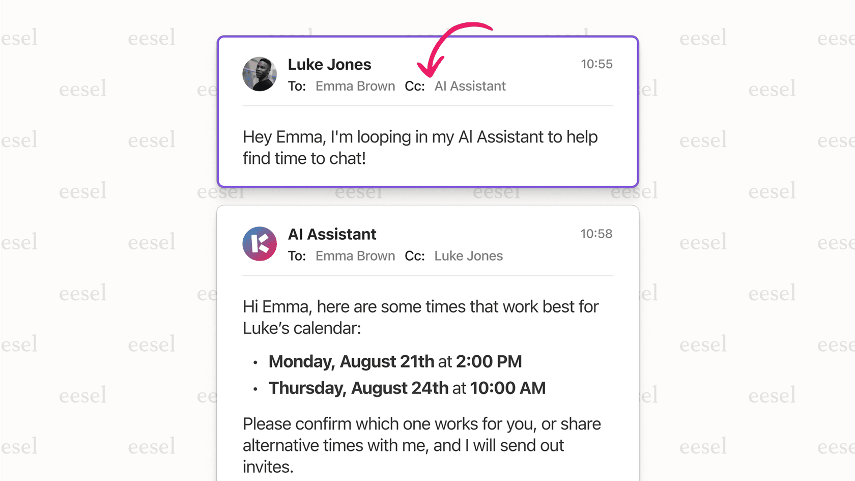 The Katch AI scheduling assistant responding in an email thread to book a meeting.