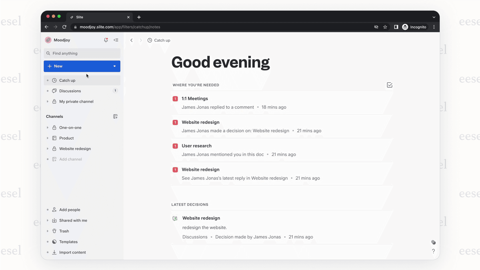 A screenshot of a document in Slite, a GitBook alternative for remote teams, showing the "Catch up" feature which highlights recent changes for team members.