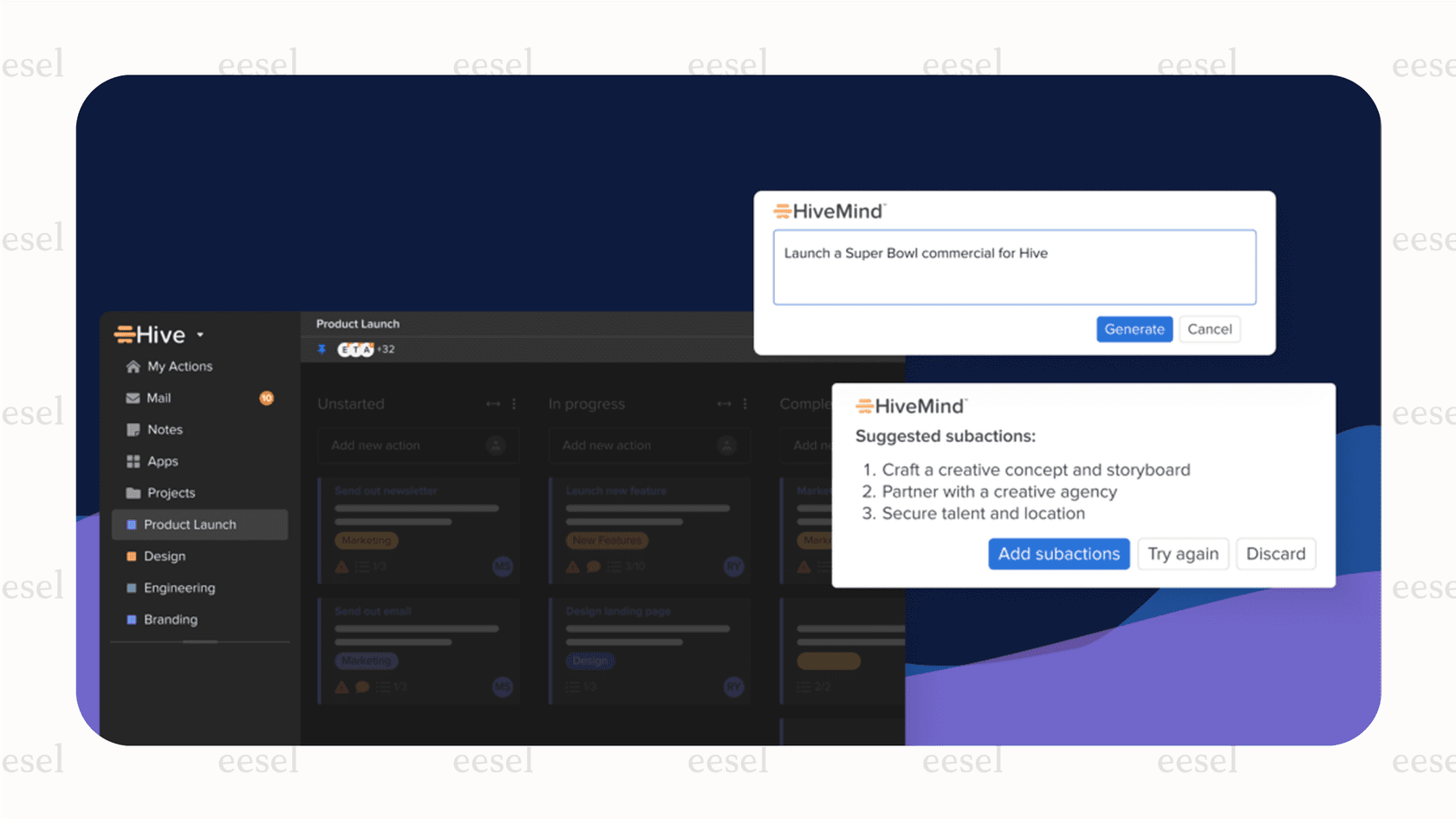 Hive's prompt-to-project feature in AI project management tools.