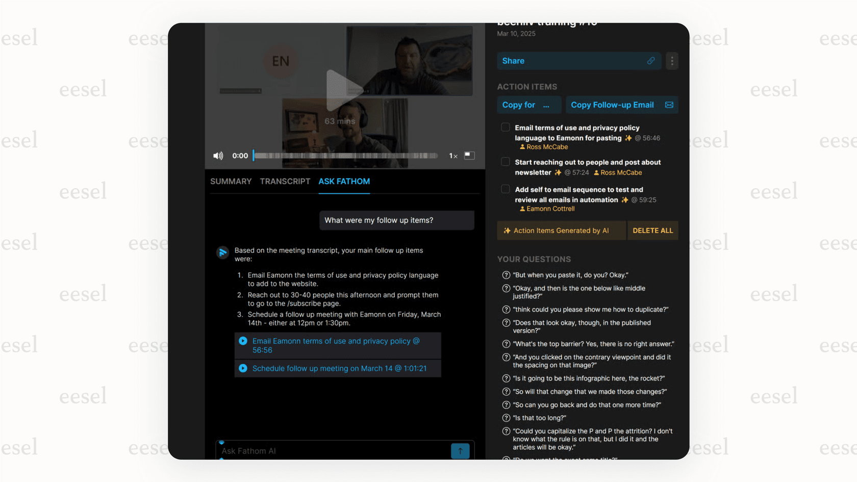 The Fathom user interface displaying a post-meeting summary, which includes action items and a full transcript.