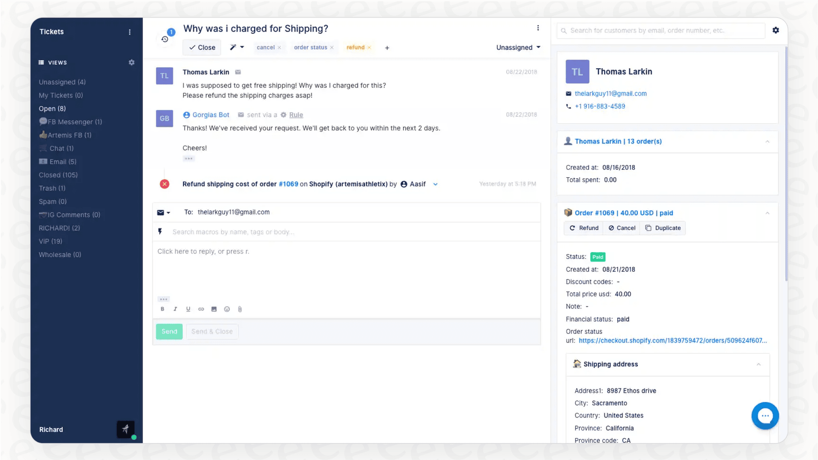 A screenshot showing the deep Shopify integration within Gorgias, where customer data and order history are used for personalization.