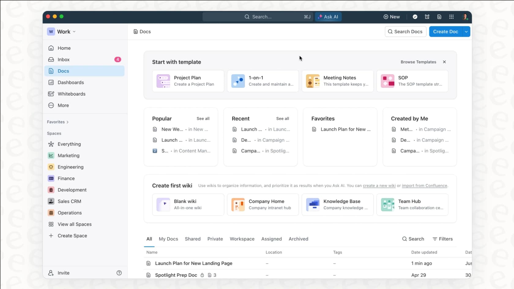 A screenshot of the ClickUp user interface, illustrating the all-in-one features that are factored into the ClickUp pricing.