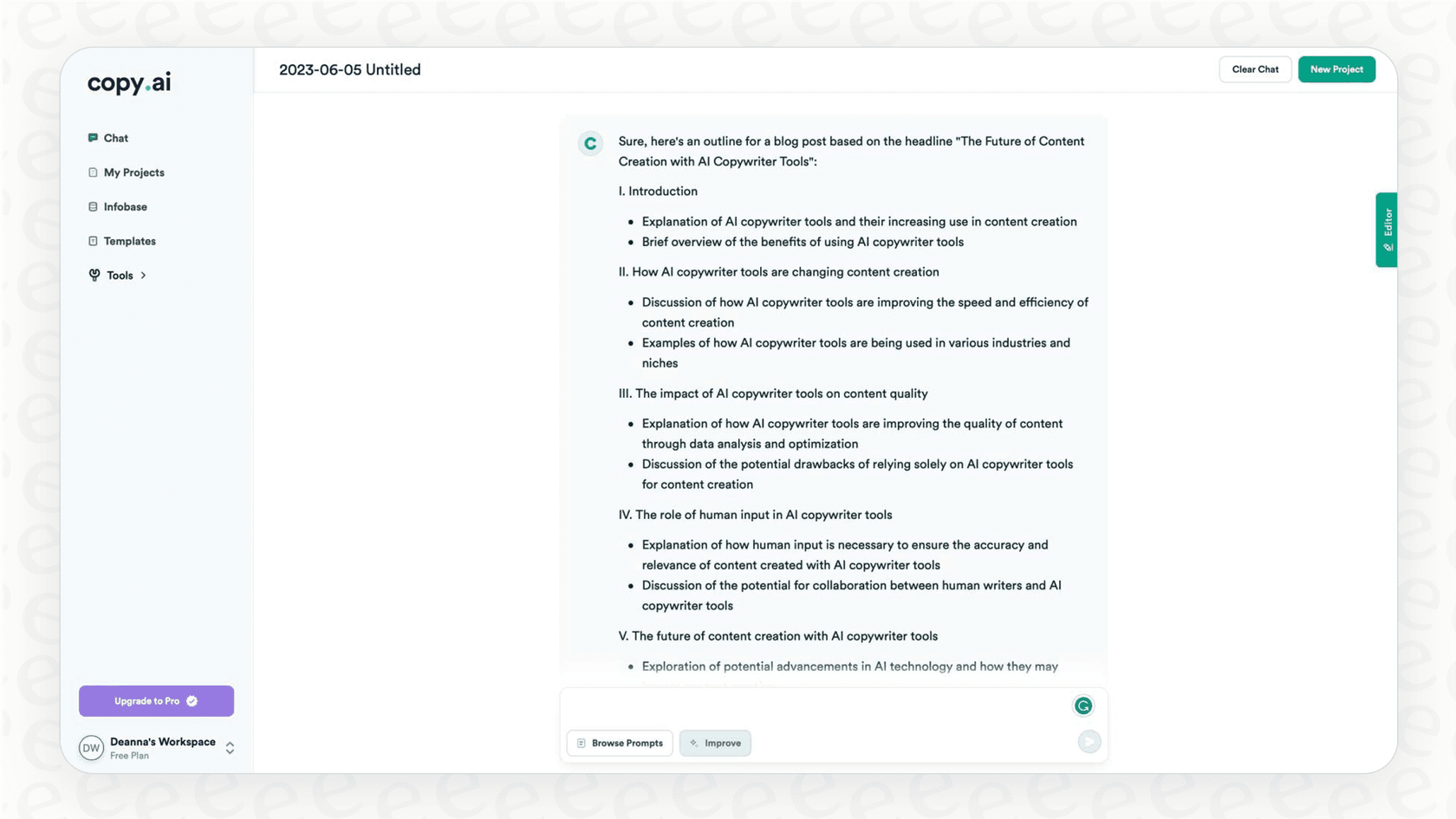 This Copy AI overview image displays the chat interface and the extensive template library available.::Screenshot for a Copy AI overview, displaying the AI chat and the extensive list of over 90 templates available for content creation.