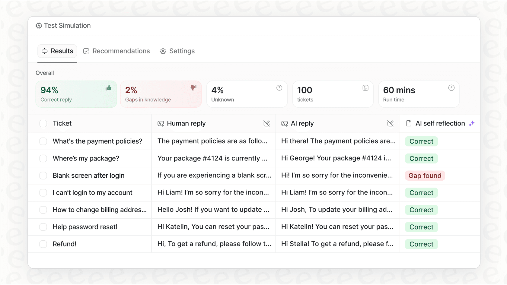 eesel AI simulation dashboard for testing AI performance
