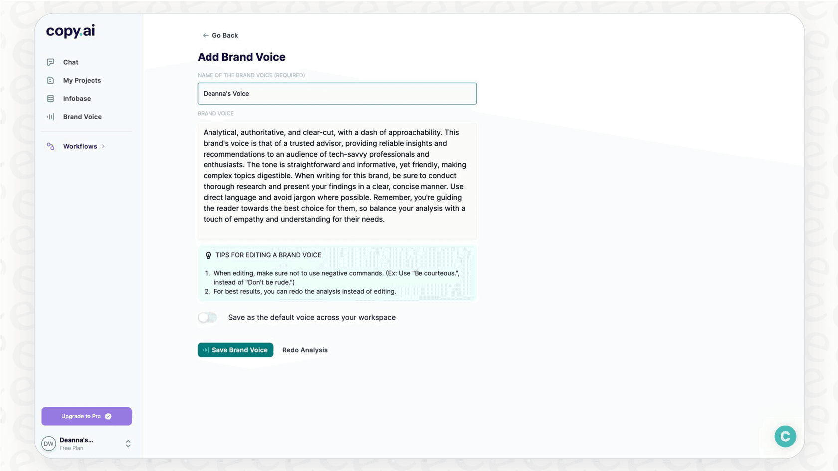 A screenshot for this Copy AI overview of the Brand Voice and Infobase features in action.::Screenshot for a Copy AI overview showing where users can input text to define their Brand Voice and upload documents to the Infobase.