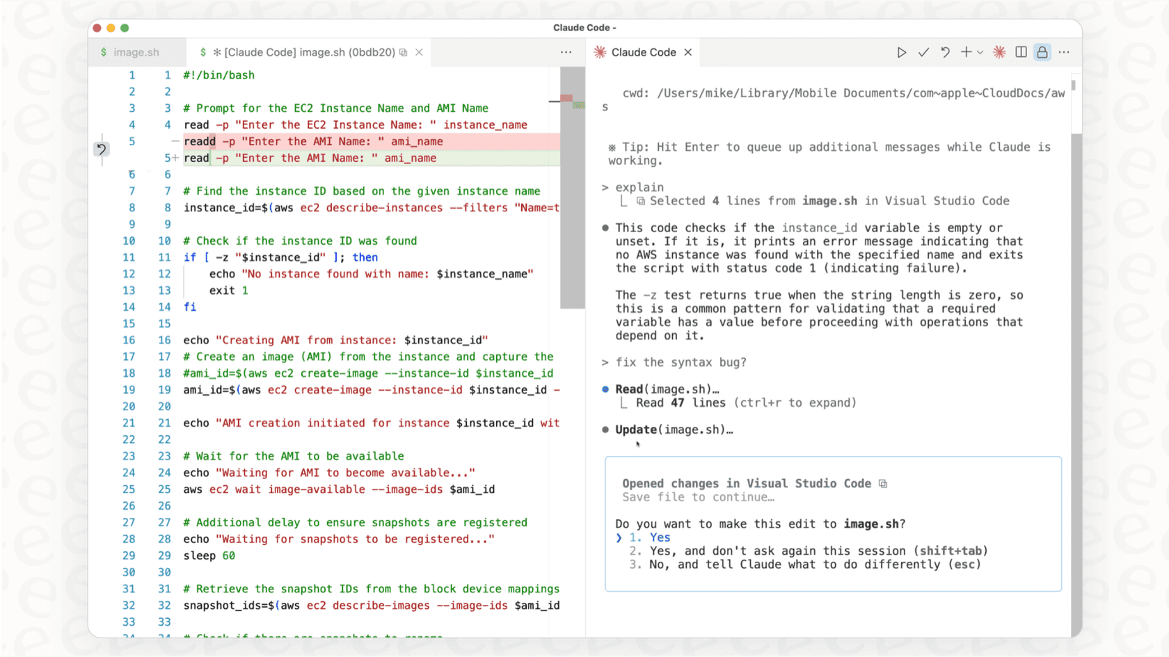 A screenshot of the integrated diff viewer feature of the Claude Code IDE integration, allowing developers to easily review suggested code modifications.