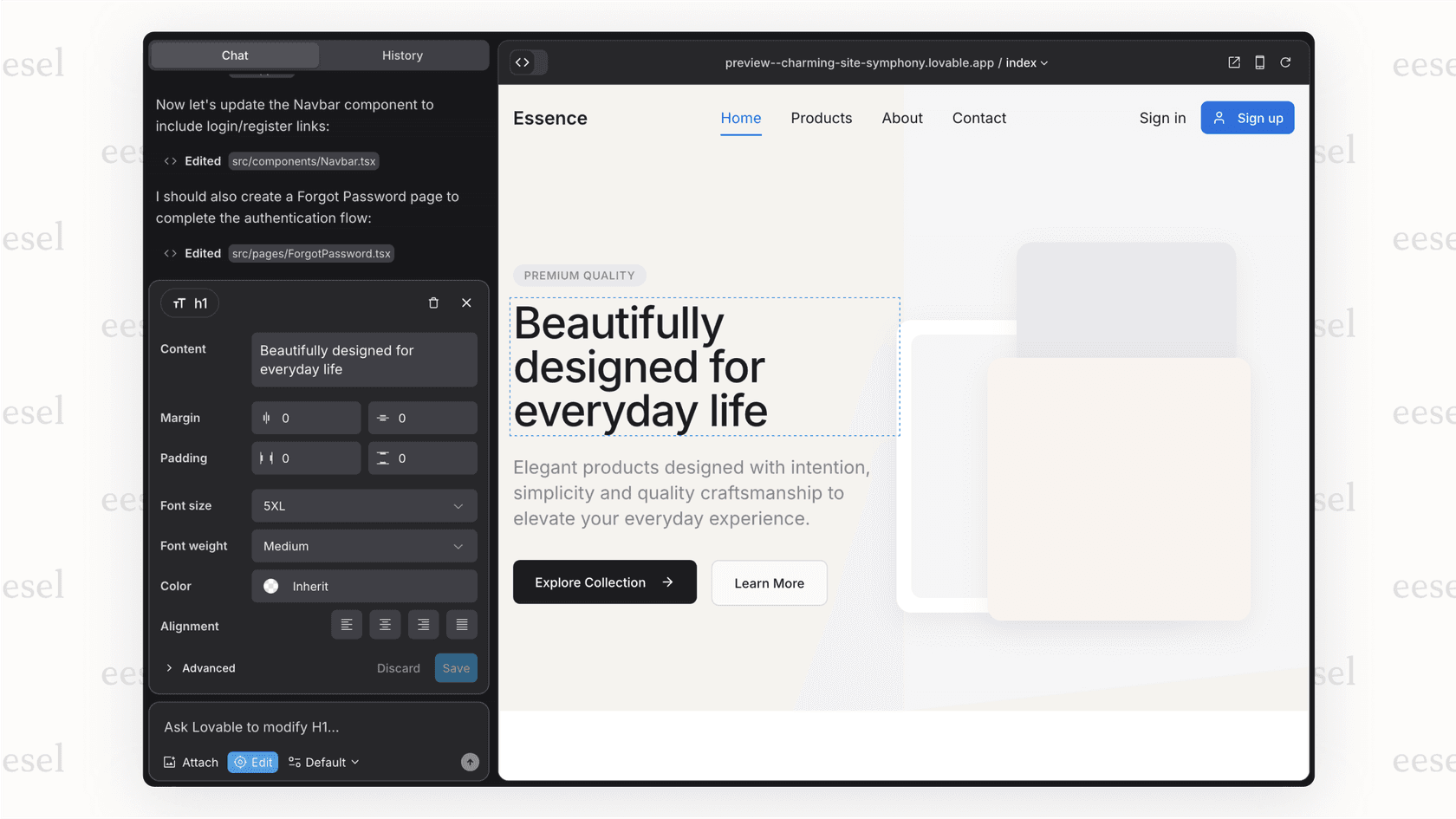 This Lovable review shows the visual editor, which allows for direct manipulation of UI elements.