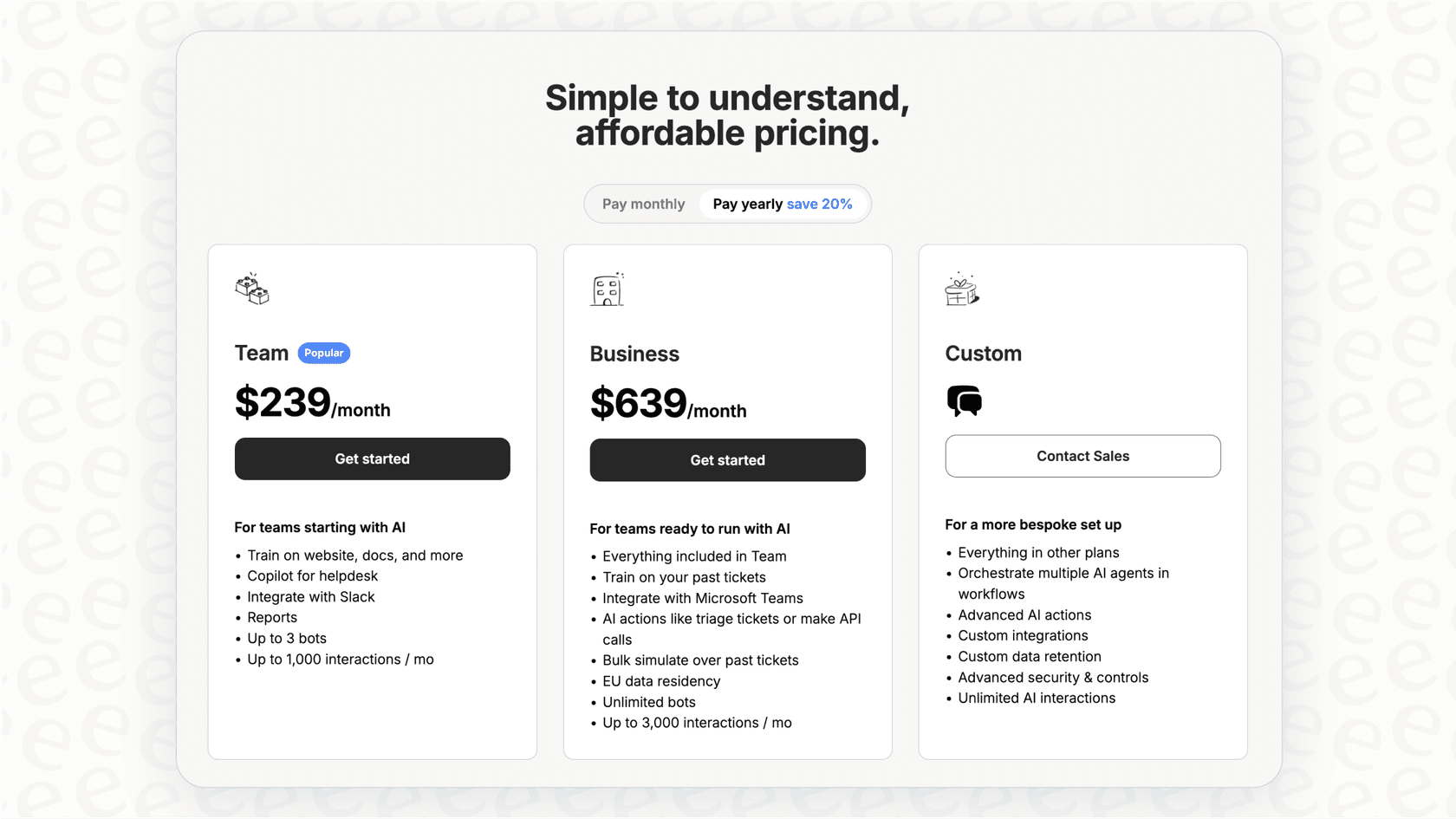 A screenshot of the eesel AI pricing page, which simplifies the cost aspect of Claude Code model selection by offering predictable, interaction-based billing.