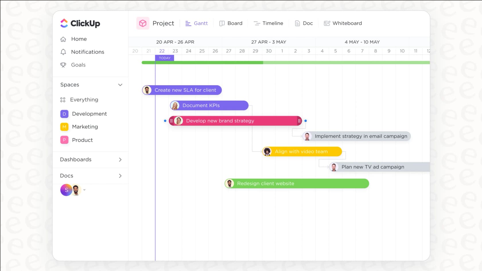 Example of a ClickUp Gantt chart, demonstrating a key feature unlocked with the Unlimited plan as part of the ClickUp pricing structure.