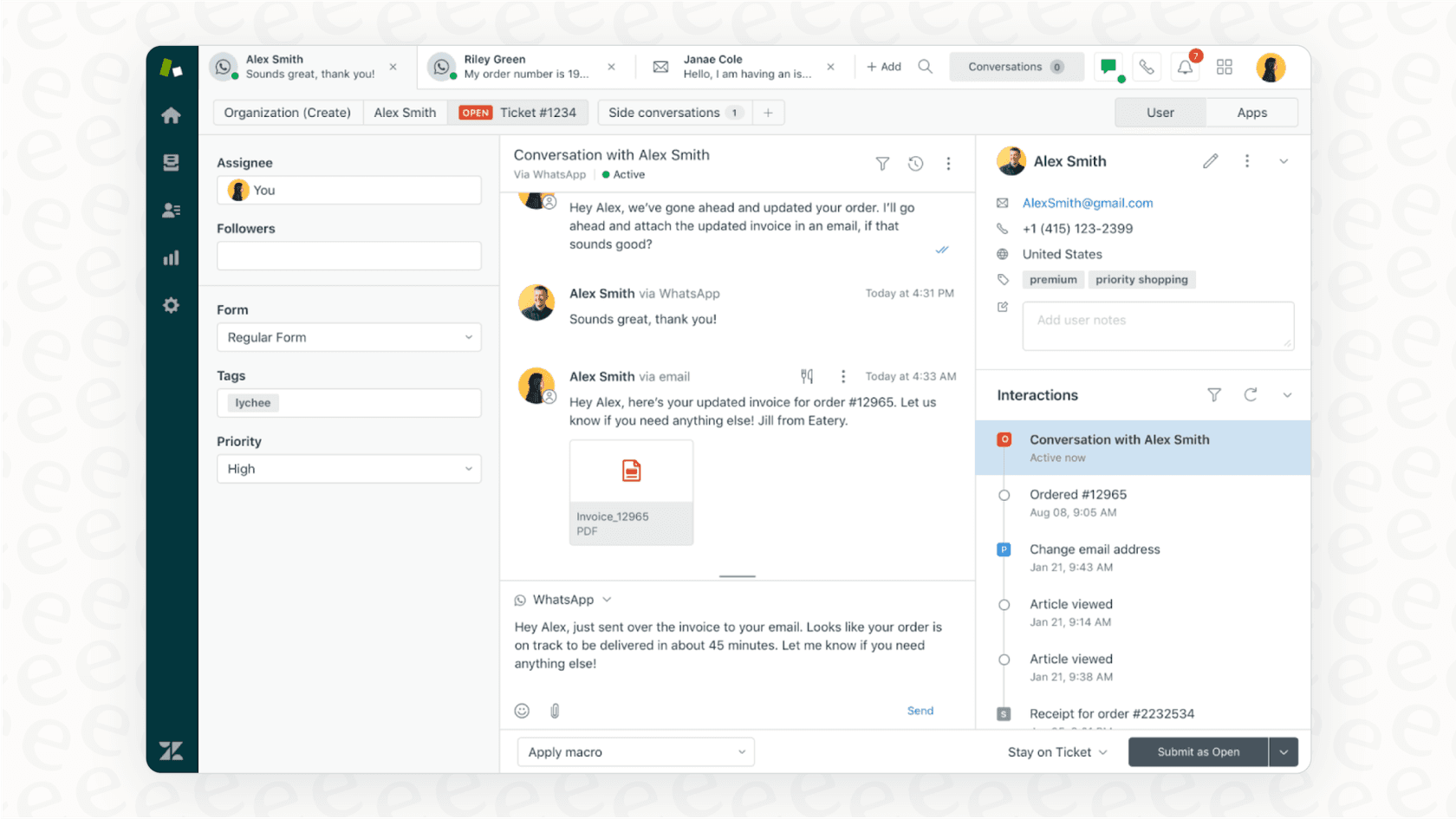 The user interface of Zendesk, an ecommerce help desk software, displaying a support ticket with all relevant customer information visible in a single dashboard.