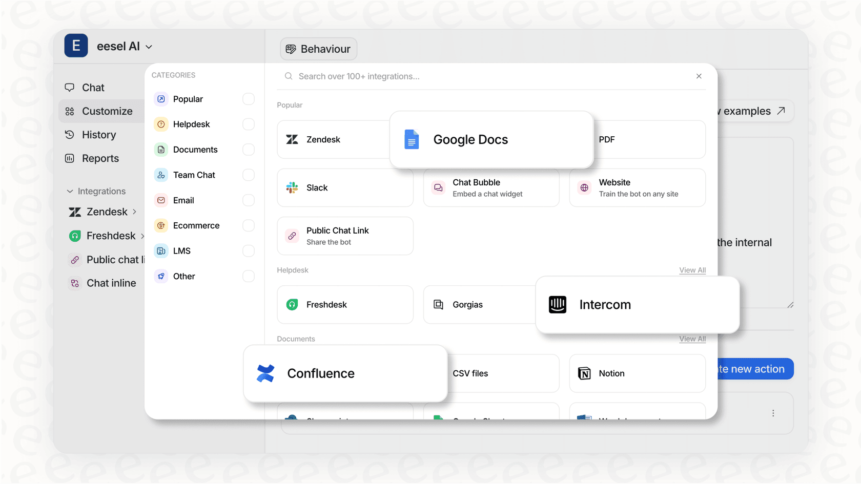 A graphic showing the logos of various helpdesks and internal tools that the IT support AI agent from eesel AI integrates with. eesel AI offers one-click integrations that connect to your helpdesk and internal tools in minutes.