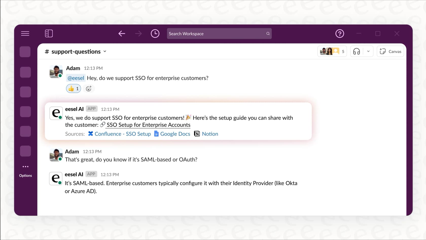 A screenshot of eesel AI in Slack answering a user about company information.