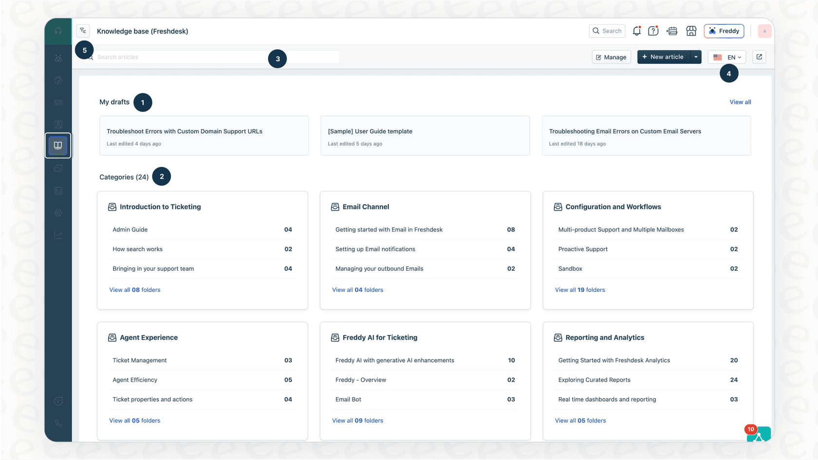 A screenshot of the Freshdesk knowledge base creation tool, demonstrating its powerful self-service capabilities.