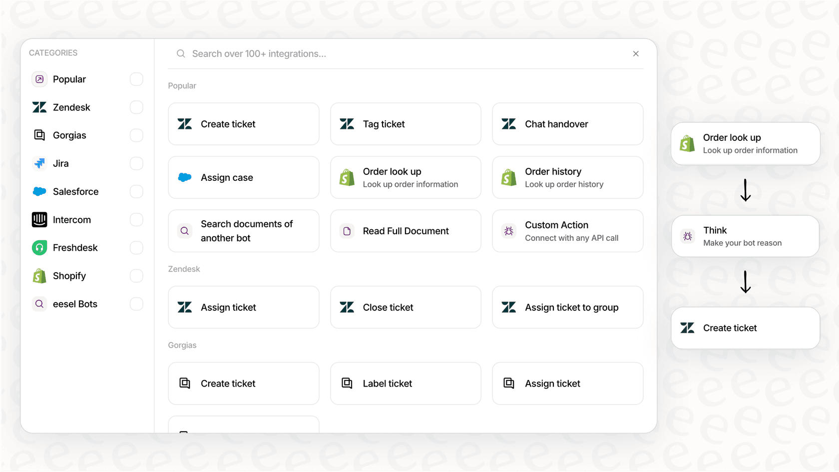 Screenshot of the eesel AI workflow builder interface, illustrating a level of automation not covered by the standard Gemini Workspace pricing.