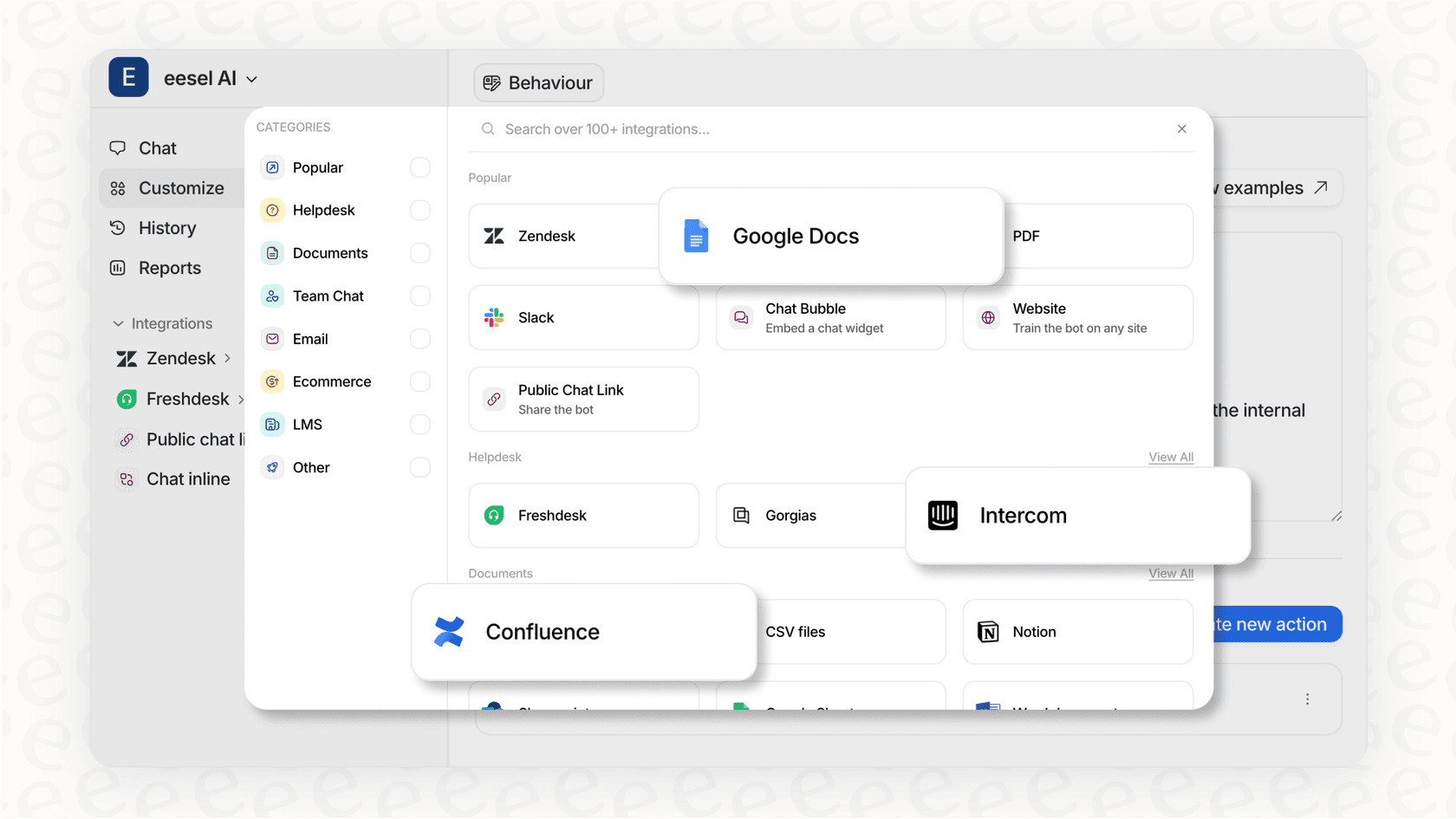 A screenshot of the eesel AI integrations page, showing how a specialized tool connects to business systems, which is a limitation in the ChatGPT vs. Claude comparison for support.