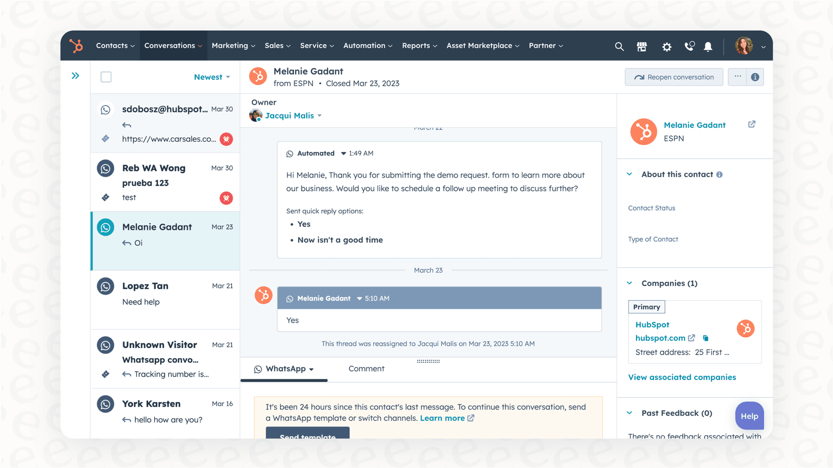 A HubSpot customer service ticketing system screenshot displaying a support ticket alongside the customer