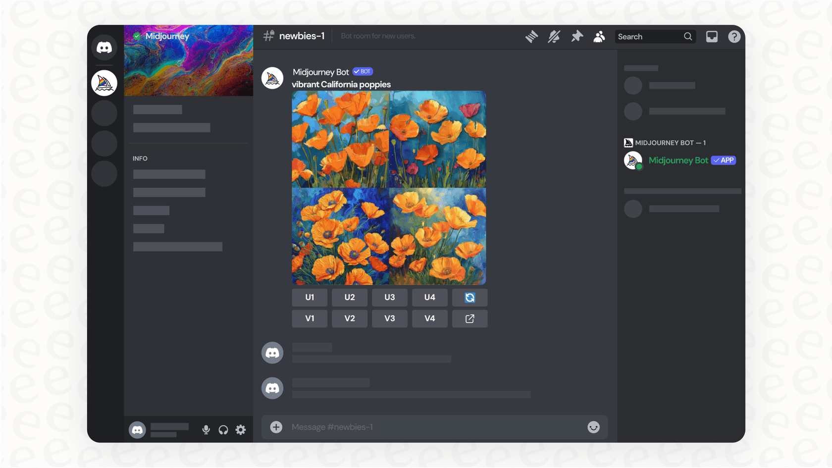 A screenshot showing the Midjourney image generation process within the Discord user interface.