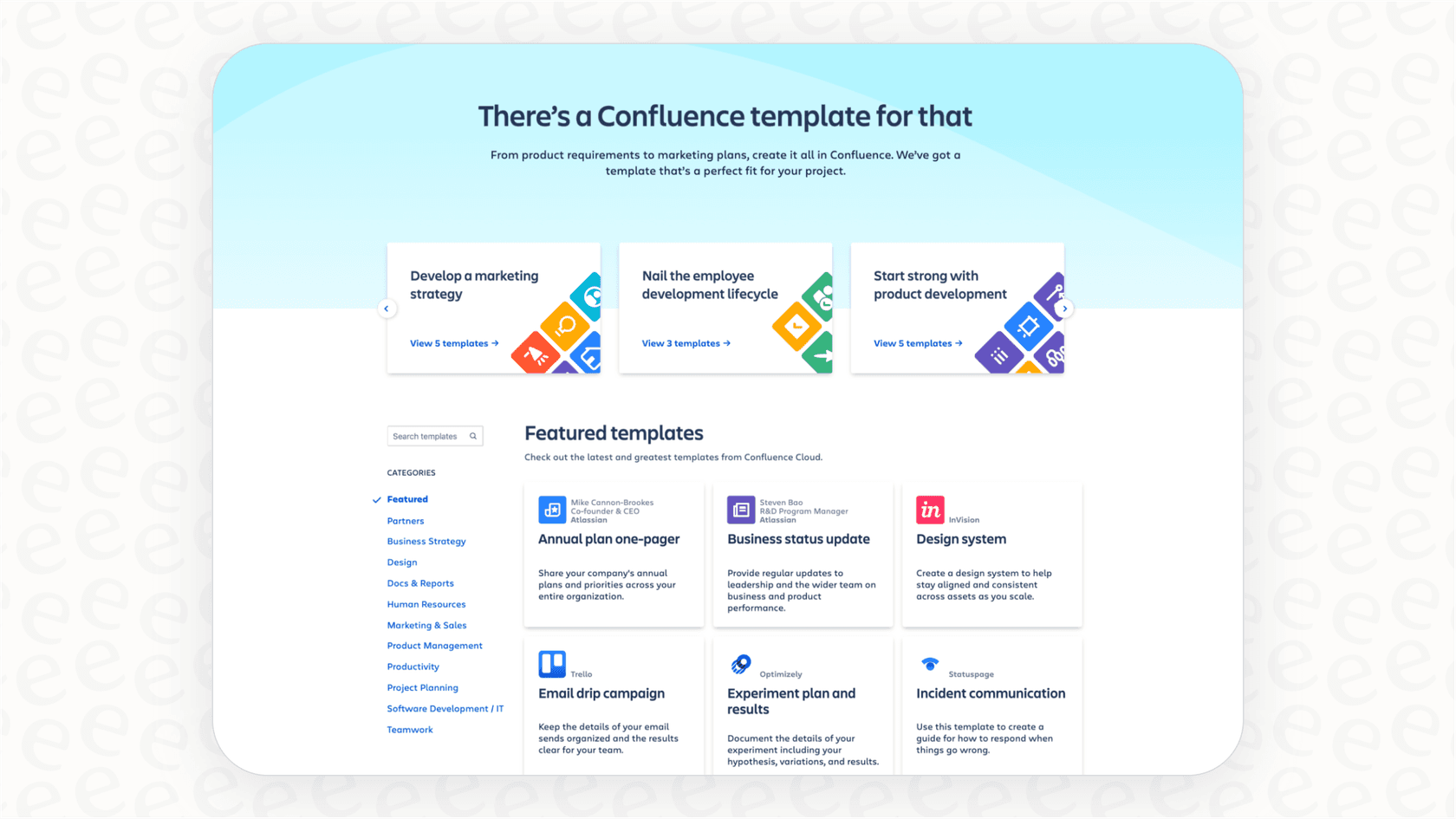 This screenshot shows the extensive template library in Confluence, a key point in this Confluence review for maintaining documentation consistency.