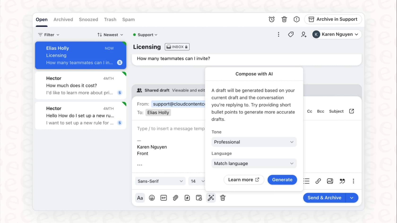 The AI-powered compose and summary features available in a Front GPT setup.