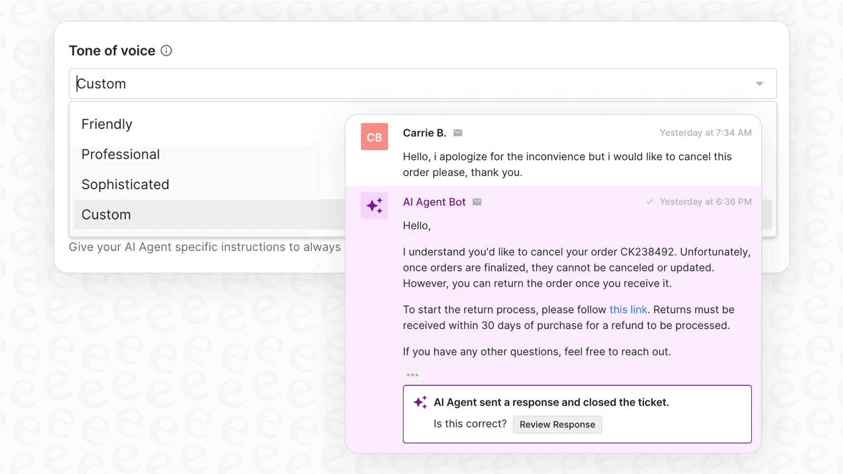 A screenshot showing the brand voice customization options available in the Gorgias knowledge base.