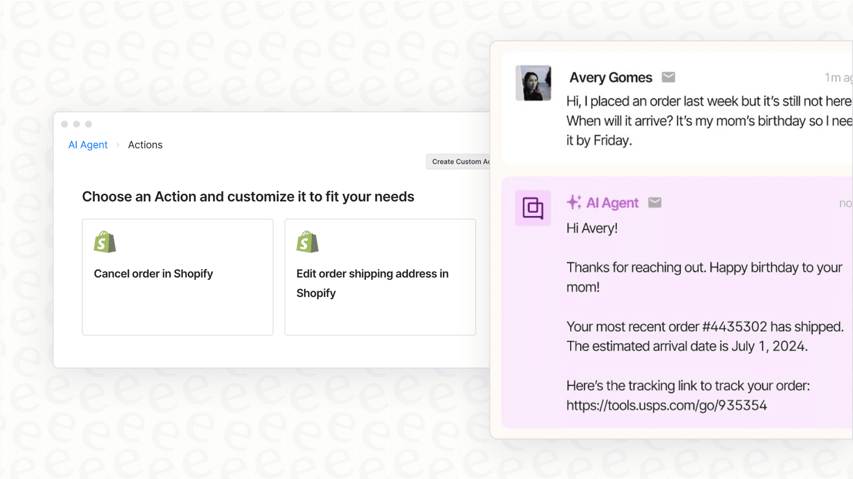 A screenshot showing the Shopify action integration within the Gorgias ecommerce helpdesk, allowing agents to manage orders directly.