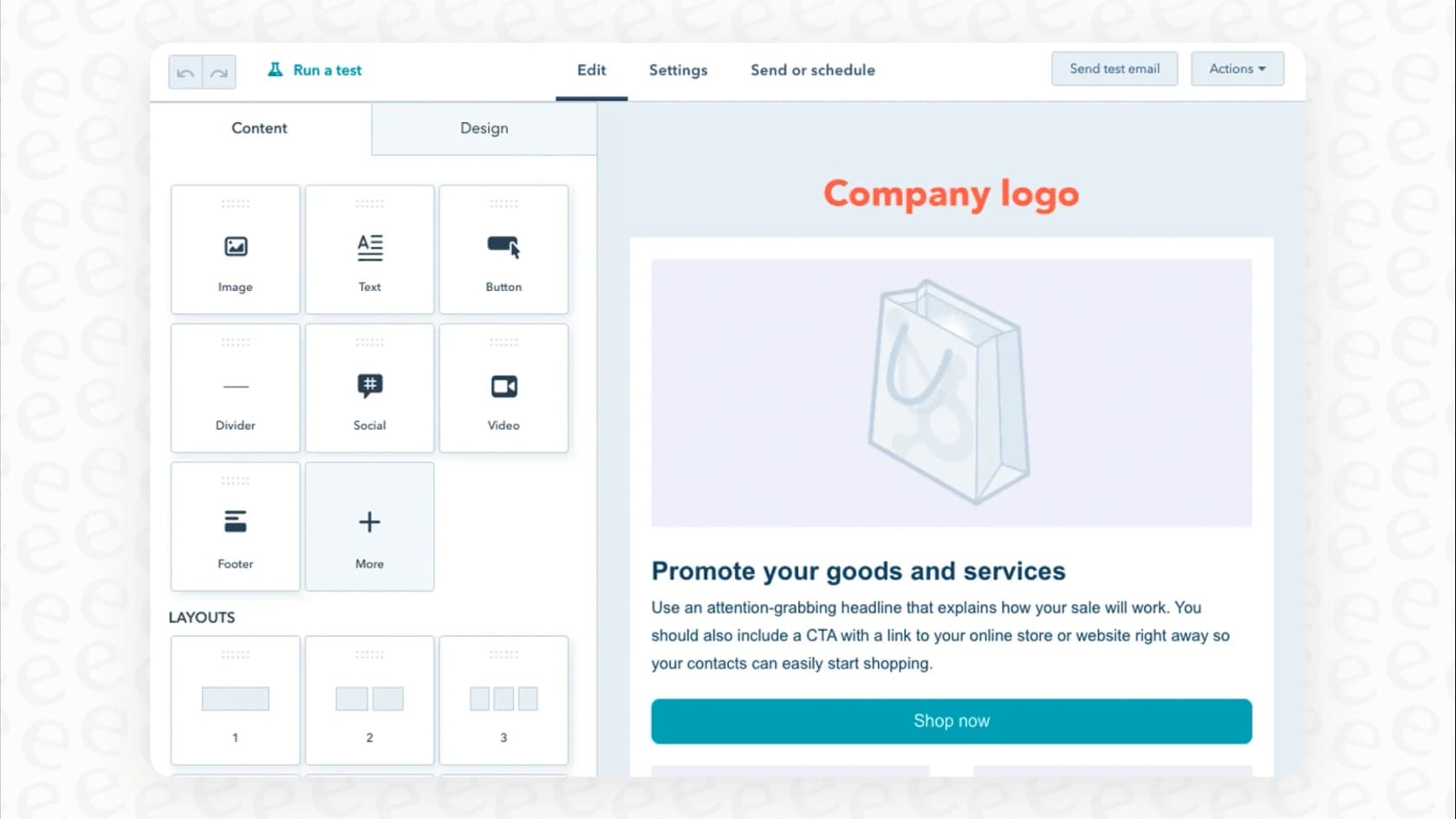 A screenshot of the HubSpot email builder, which is a great example of how to use AI in HubSpot CRM to create marketing emails.