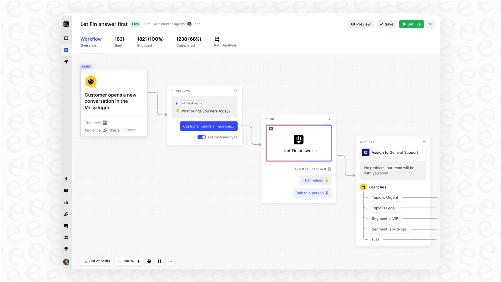 A view of Intercom's visual workflow builder, which can be used to set up aspects of the native Intercom Slack integration.